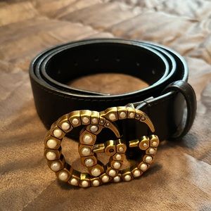 Leather Belt with Pearl Double G